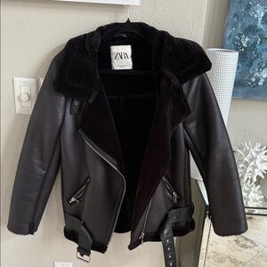 Zara Dark Leather Jacket with Plush Collar